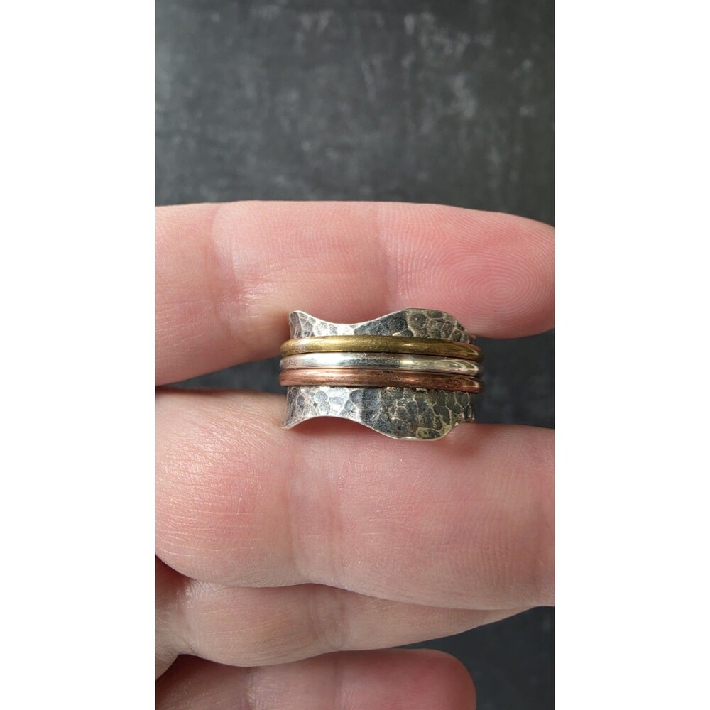 Doug Paulus 925 Hammered Silver Tricolored Spinner Ring, Size US 9 Vintage